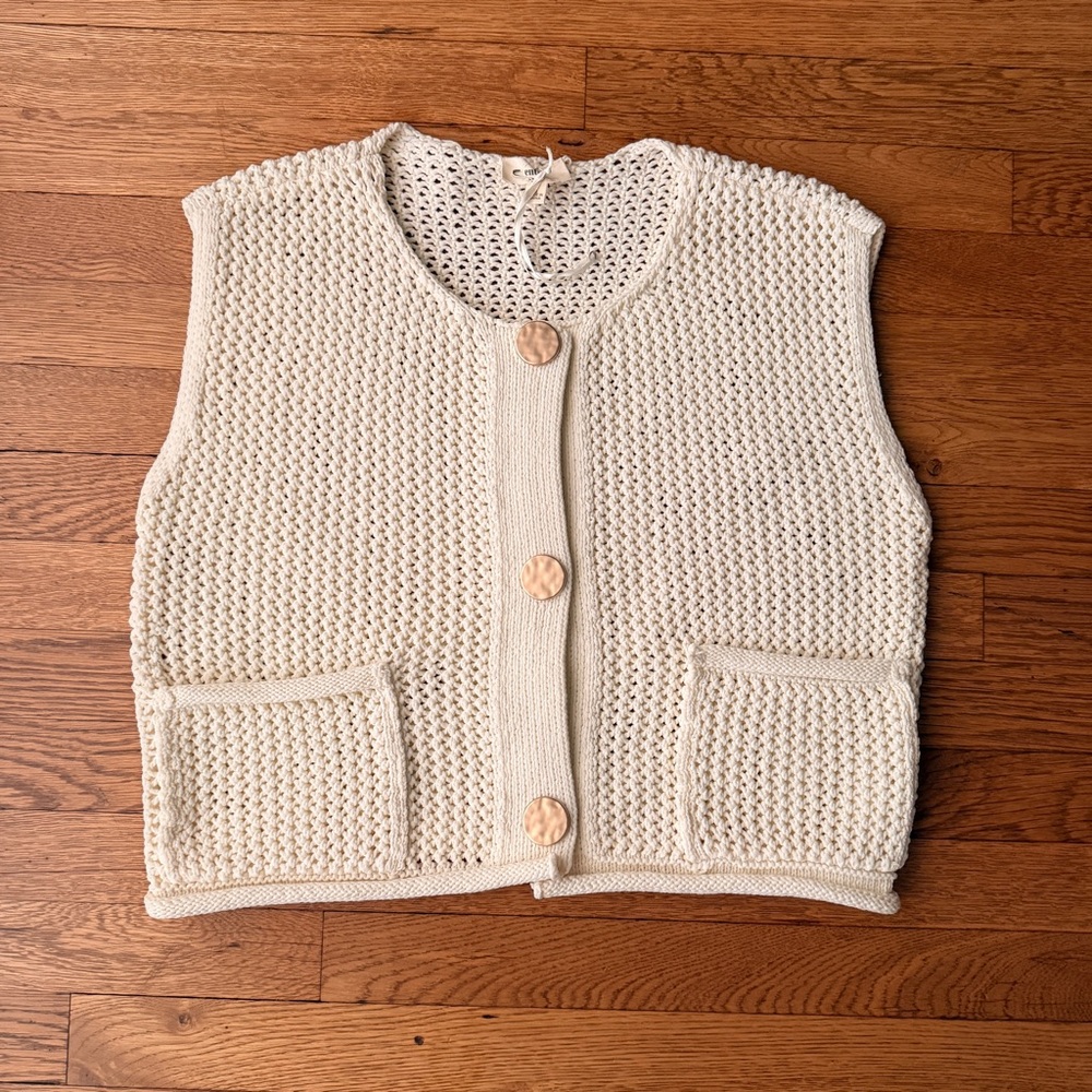 Entro Cream Crochet Knit Button Front Vest